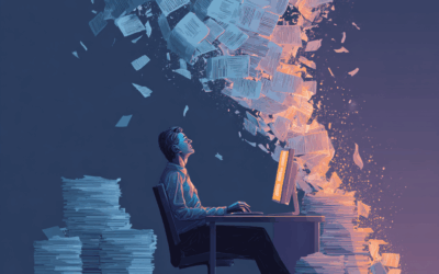 "Digital illustration of accounts receivable automation, showing stacks of paper invoices transforming into streams of money that flow into a glowing business dashboard, symbolizing faster payments and improved cash flow through integrated payment technology."